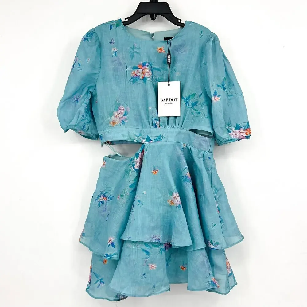 BARDOT Girl's Cindy Floral Cutout Dress Size 8 SMALL Blue Flora Puff Sleeve NWT